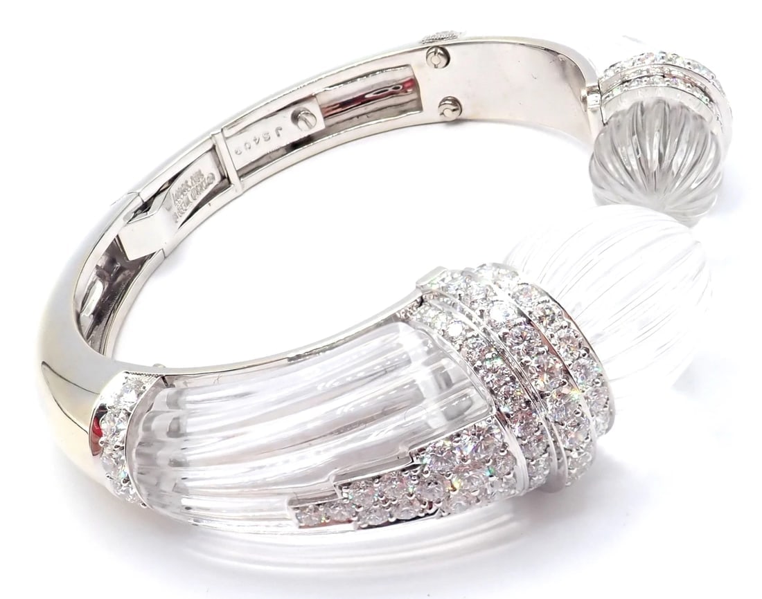 Authentic! David Webb 18k Gold & Platinum Diamond Rock Crystal Bangle Bracelet - 4