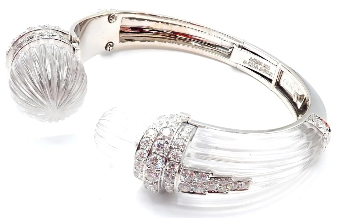 Authentic! David Webb 18k Gold & Platinum Diamond Rock Crystal Bangle Bracelet - 5