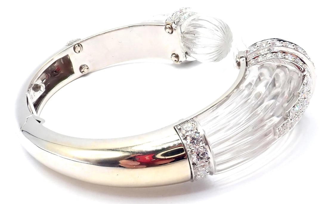 Authentic! David Webb 18k Gold & Platinum Diamond Rock Crystal Bangle Bracelet - 6