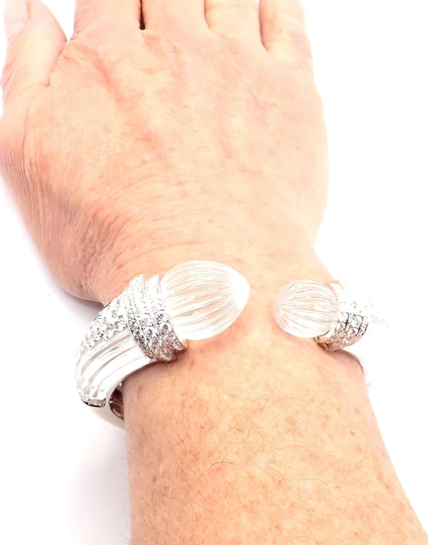 Authentic! David Webb 18k Gold & Platinum Diamond Rock Crystal Bangle Bracelet - 8