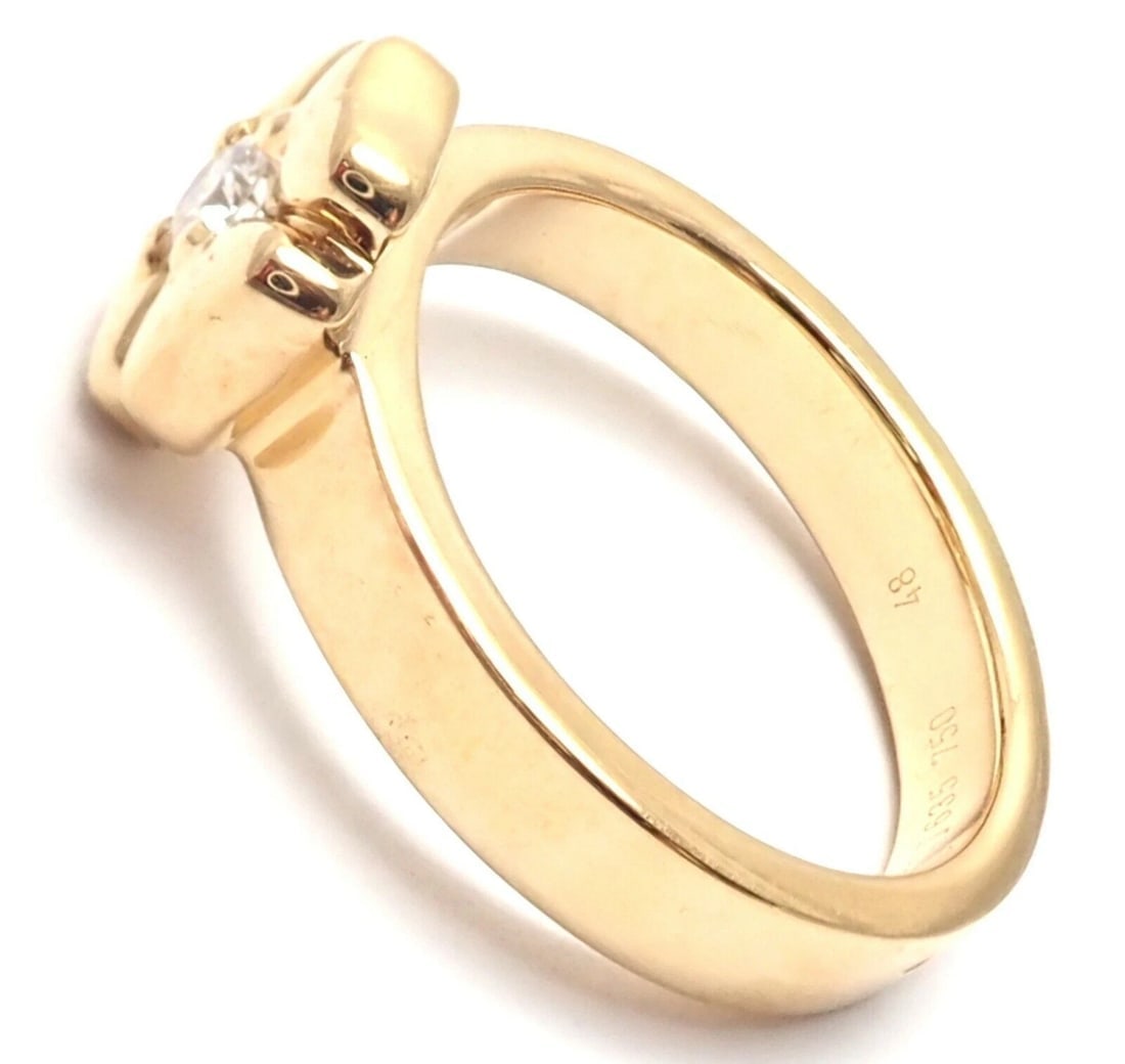 Authentic! Chanel 18k Yellow Gold Diamond Four Leaf Clover Ring - 4