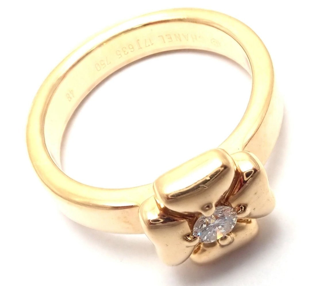 Authentic! Chanel 18k Yellow Gold Diamond Four Leaf Clover Ring - 5