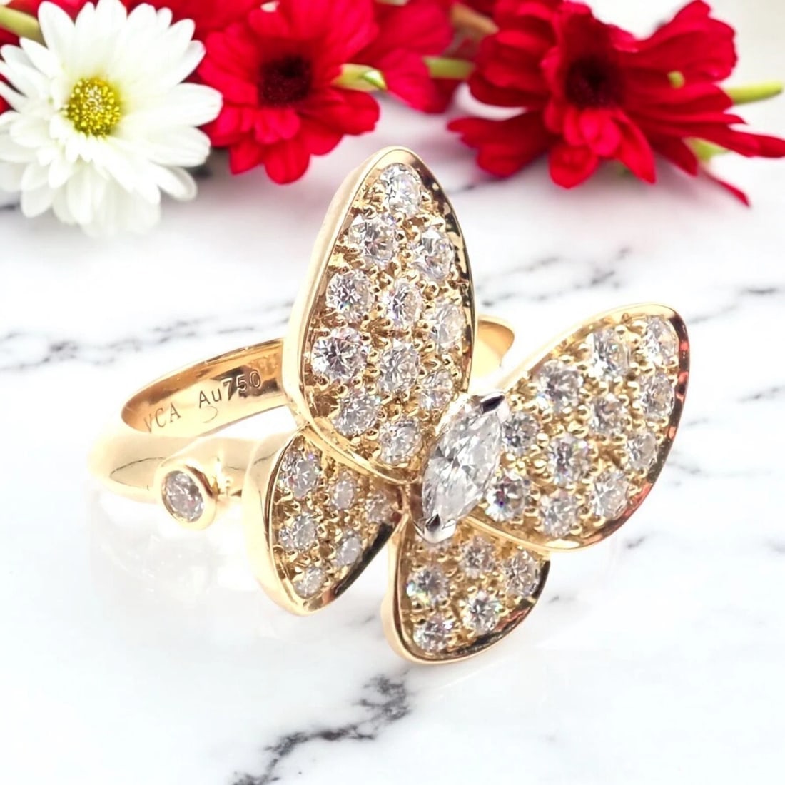 Authentic! Van Cleef & Arpels 18k Yellow Gold Diamond Two Butterfly Ring Cert. - 2