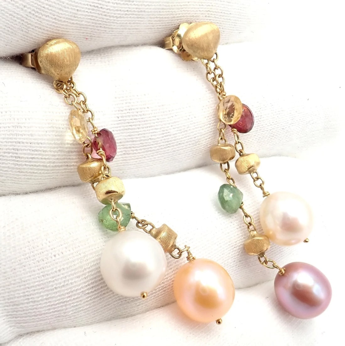 Authentic! Marco Bicego 18k Yellow Gold Paradise Multicolor Gems Pearl Earrings - 9
