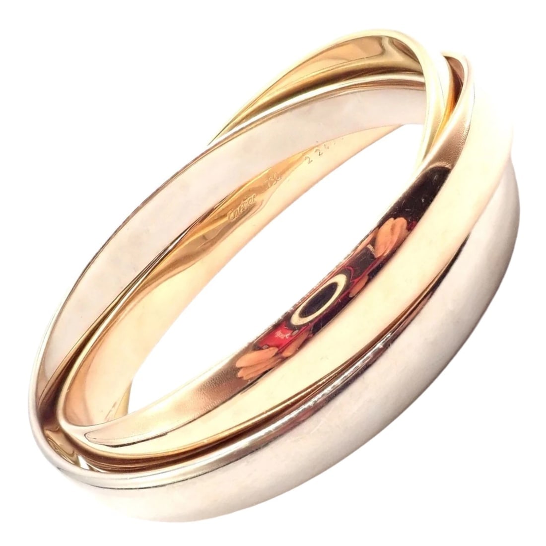 Authentic! Cartier 18k Tricolor Gold 101.5 Grams Rolling Trinity Bangle Bracelet: Authentic! Cartier 18k Tricolor Gold 101.5 Grams Rolling Trinity Bangle Bracelet About This Piece: The Cartier 18k Tricolor Gold Rolling Trinity Bangle Bracelet is a luxurious piece featuring three in