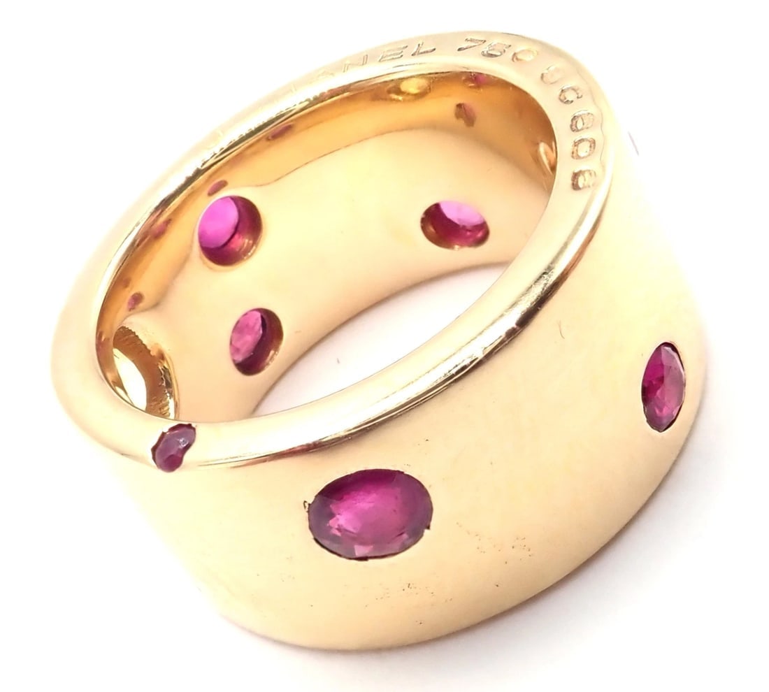 Authentic! Chanel 18k Yellow Gold Ruby Yellow Sapphire Wide Band Ring Size 5 - 6
