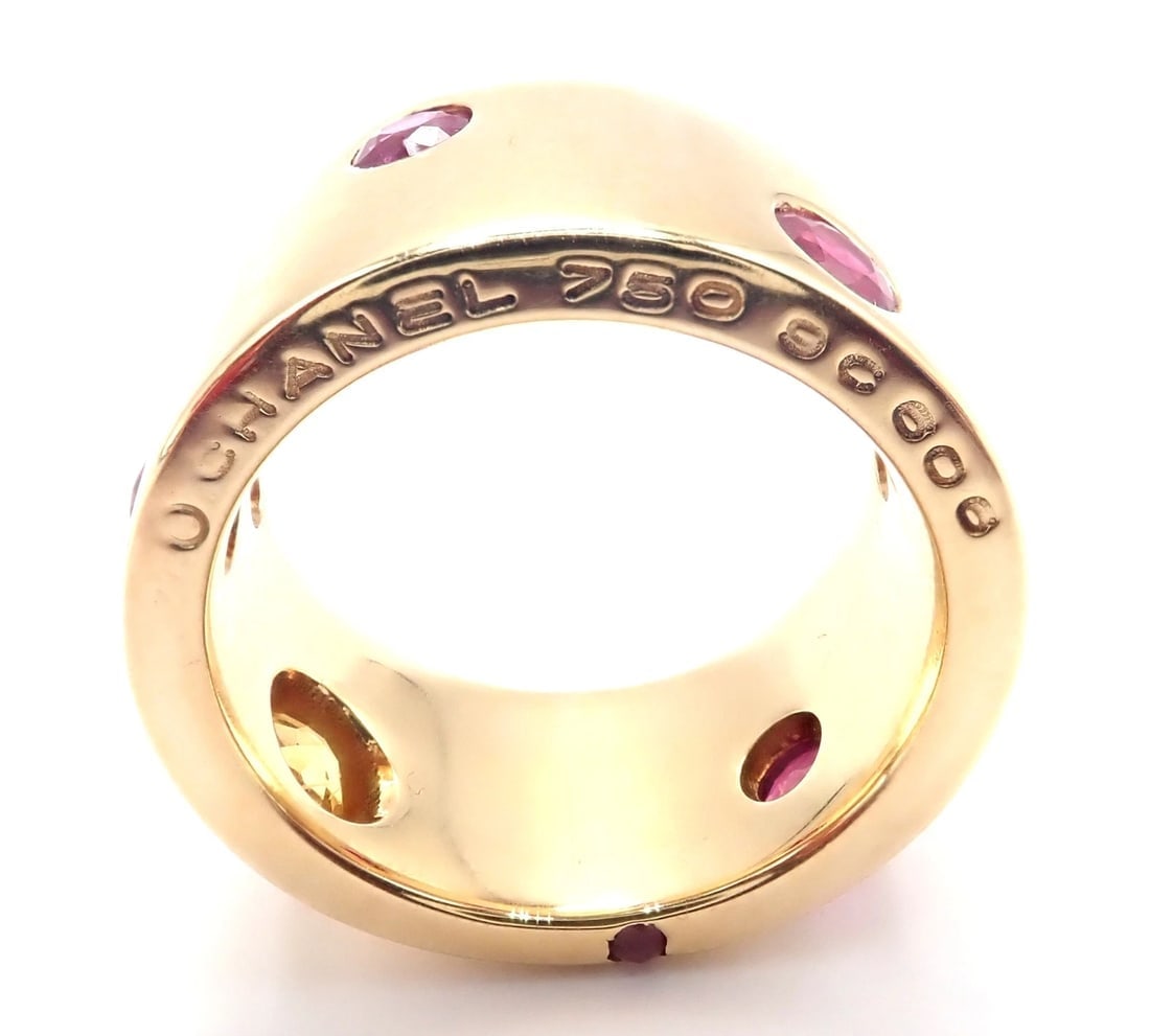 Authentic! Chanel 18k Yellow Gold Ruby Yellow Sapphire Wide Band Ring Size 5 - 8