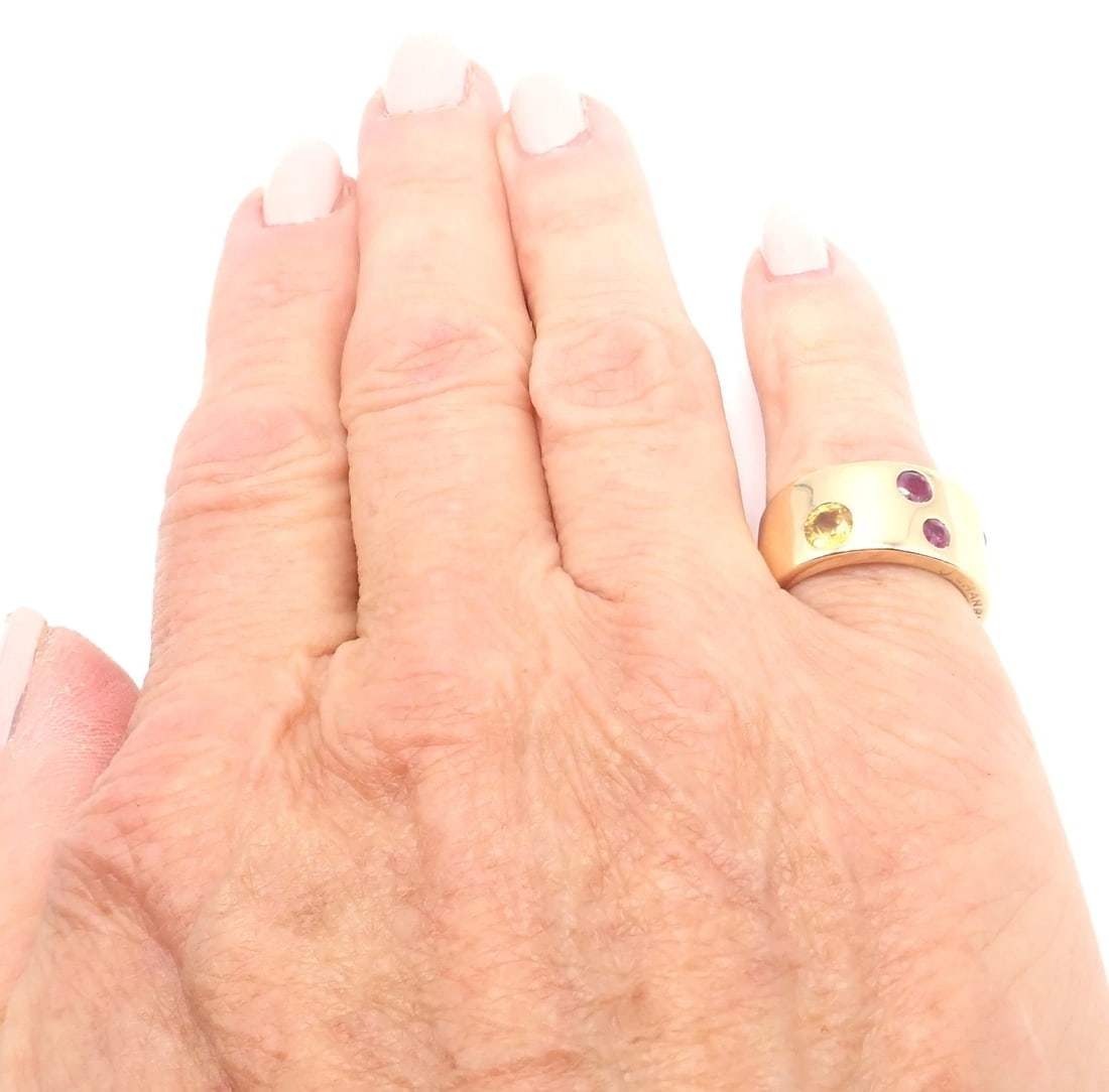 Authentic! Chanel 18k Yellow Gold Ruby Yellow Sapphire Wide Band Ring Size 5 - 9