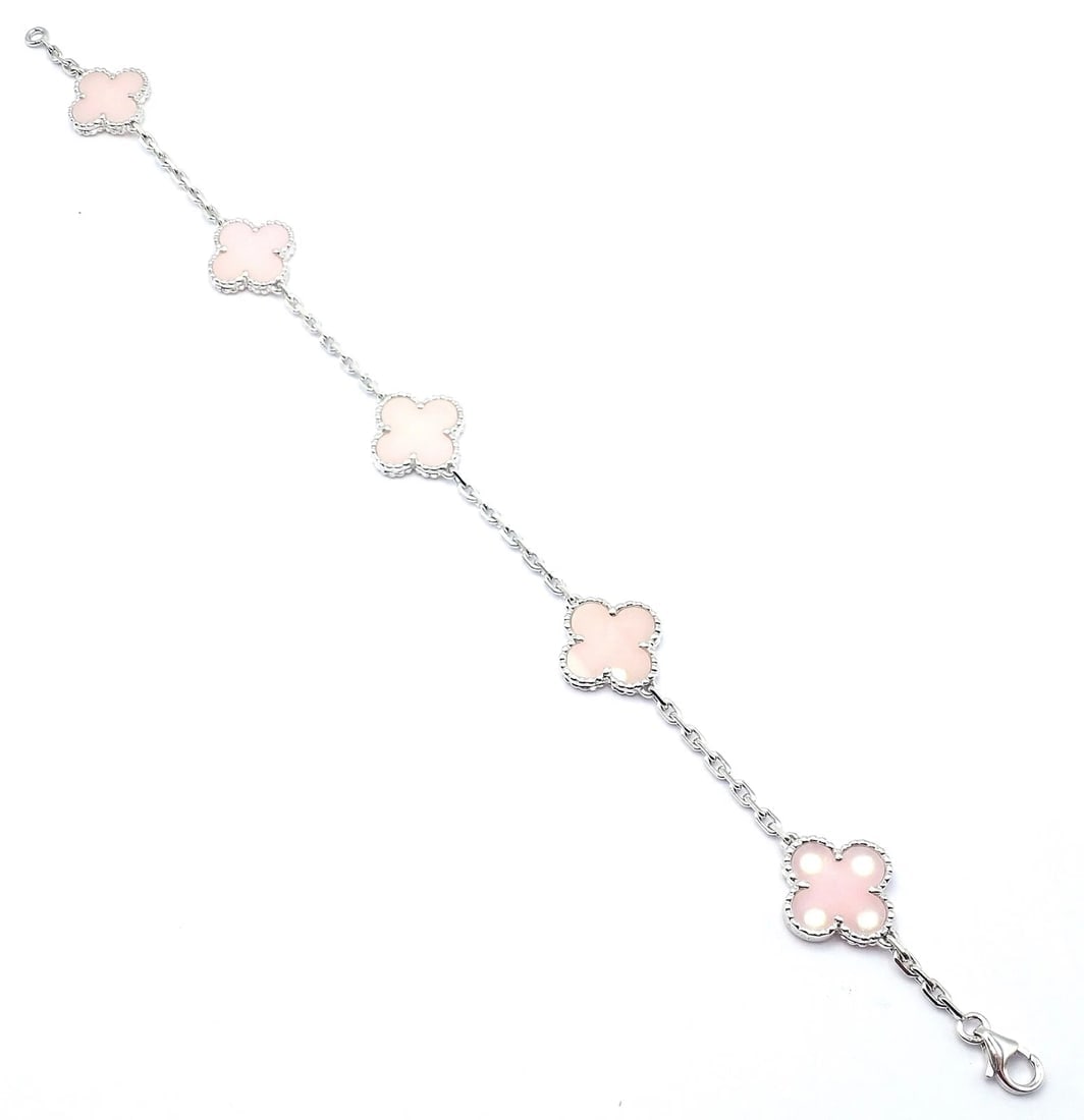 Authentic! Van Cleef & Arpels Alhambra 18k White Gold Pink Opal Bracelet Cert. - 3