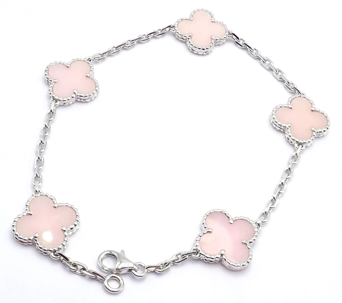 Authentic! Van Cleef & Arpels Alhambra 18k White Gold Pink Opal Bracelet Cert. - 4