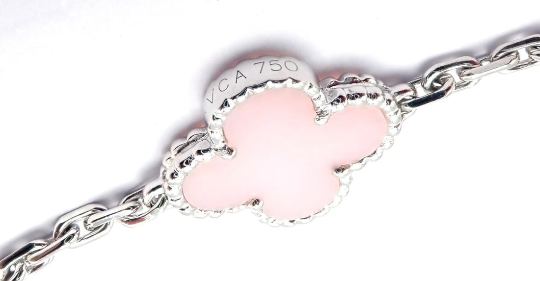 Authentic! Van Cleef & Arpels Alhambra 18k White Gold Pink Opal Bracelet Cert. - 5