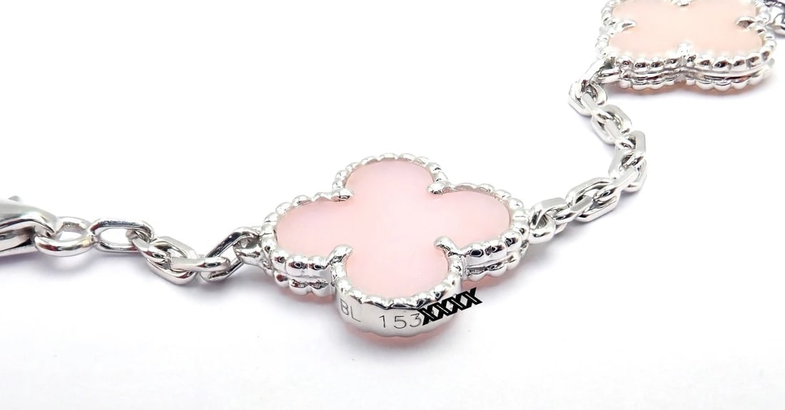 Authentic! Van Cleef & Arpels Alhambra 18k White Gold Pink Opal Bracelet Cert. - 6