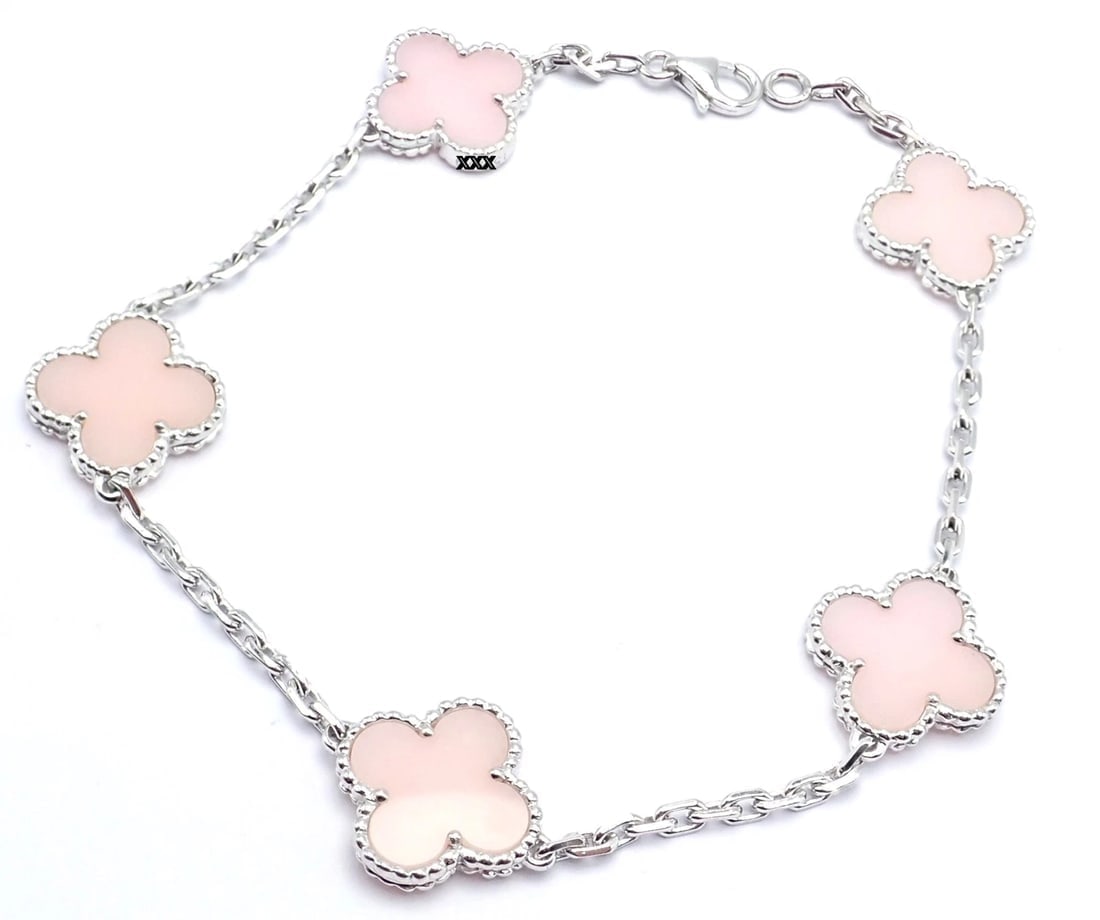 Authentic! Van Cleef & Arpels Alhambra 18k White Gold Pink Opal Bracelet Cert. - 7