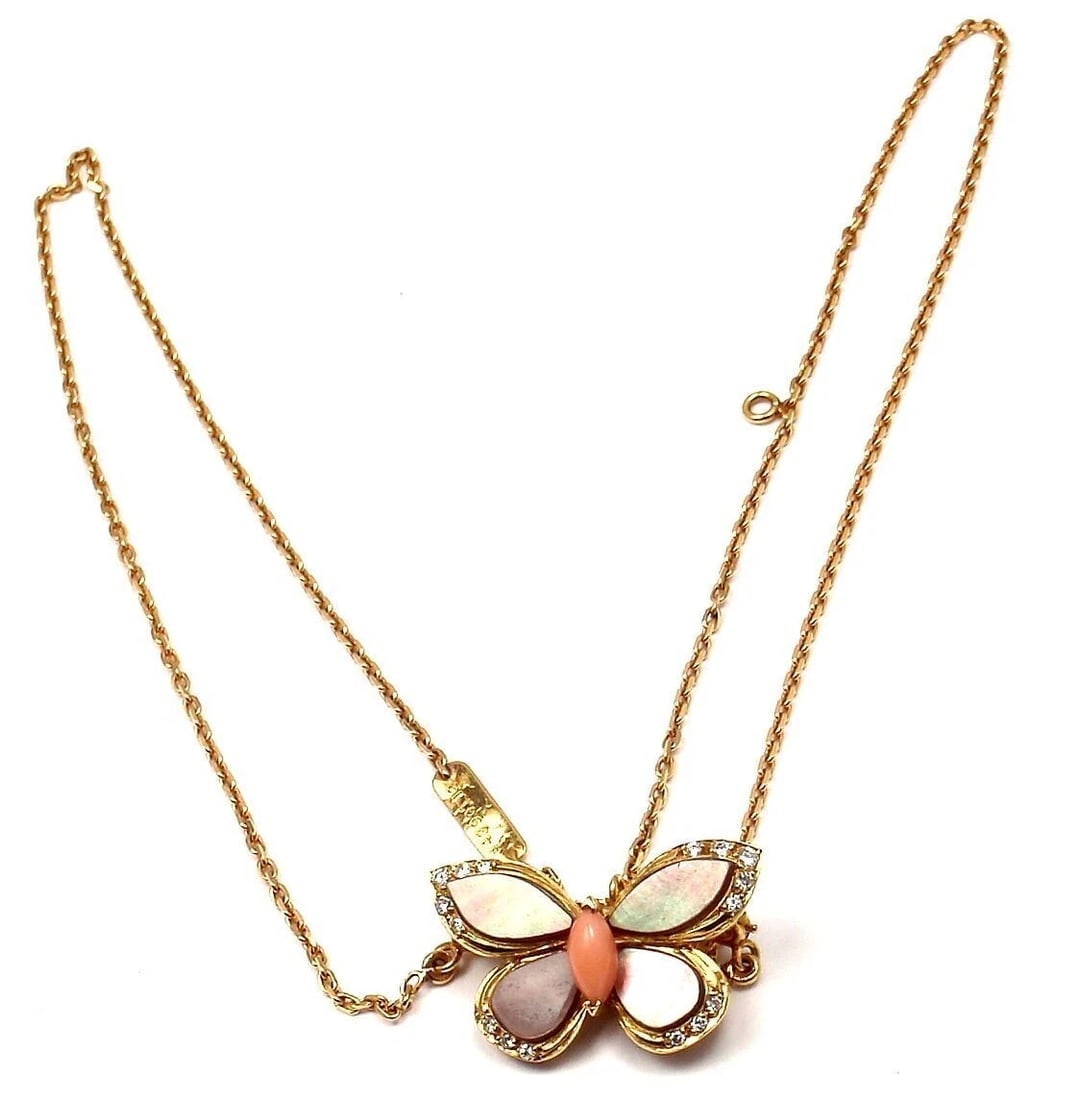 VAN CLEEF & ARPELS 18k Yellow Gold Diamond MOP Coral Butterfly Brooch Necklace - 3