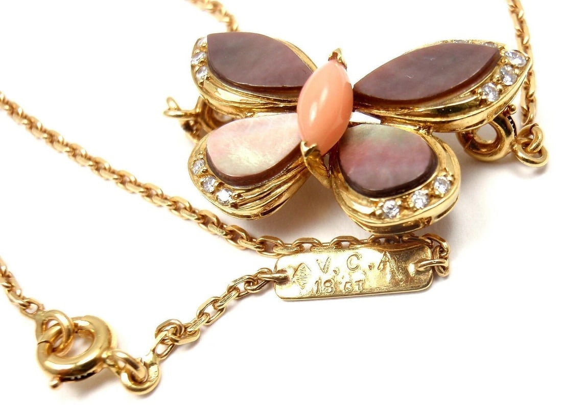 VAN CLEEF & ARPELS 18k Yellow Gold Diamond MOP Coral Butterfly Brooch Necklace - 4