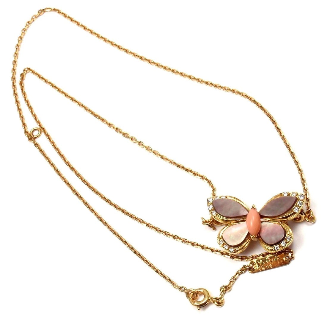 VAN CLEEF & ARPELS 18k Yellow Gold Diamond MOP Coral Butterfly Brooch Necklace - 6