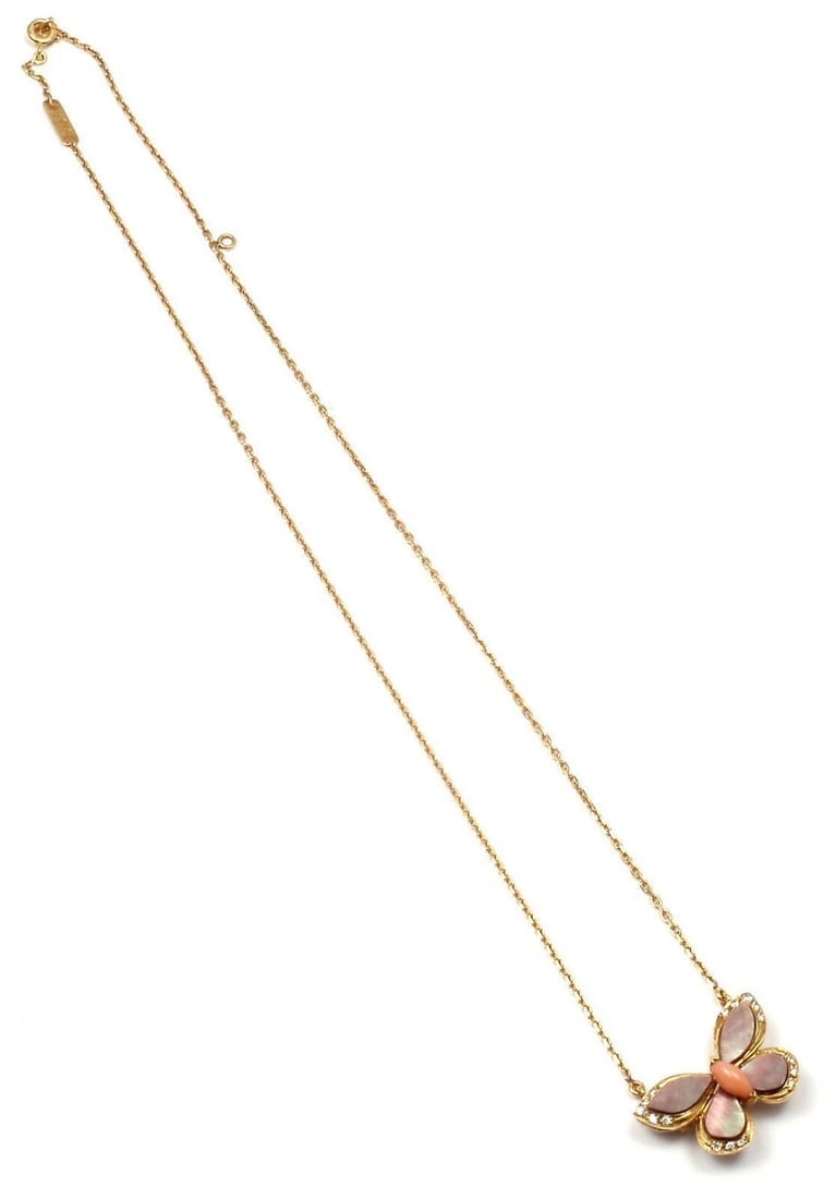 VAN CLEEF & ARPELS 18k Yellow Gold Diamond MOP Coral Butterfly Brooch Necklace - 7