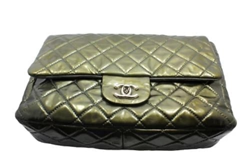 2008 Chanel Classic Jumbo Quilted Patent Leather Rare Olive Green Handbag Purse - 6