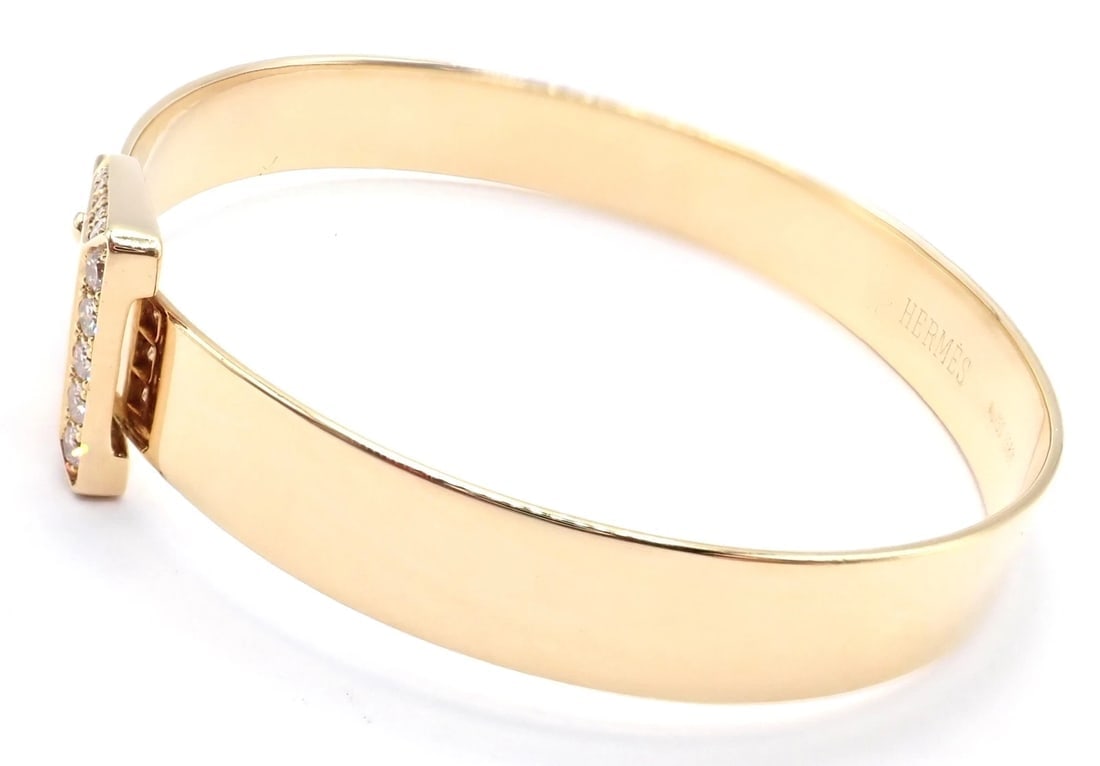 Authentic! Hermes 18k Yellow Gold Diamond Buckle Bangle Bracelet - 4