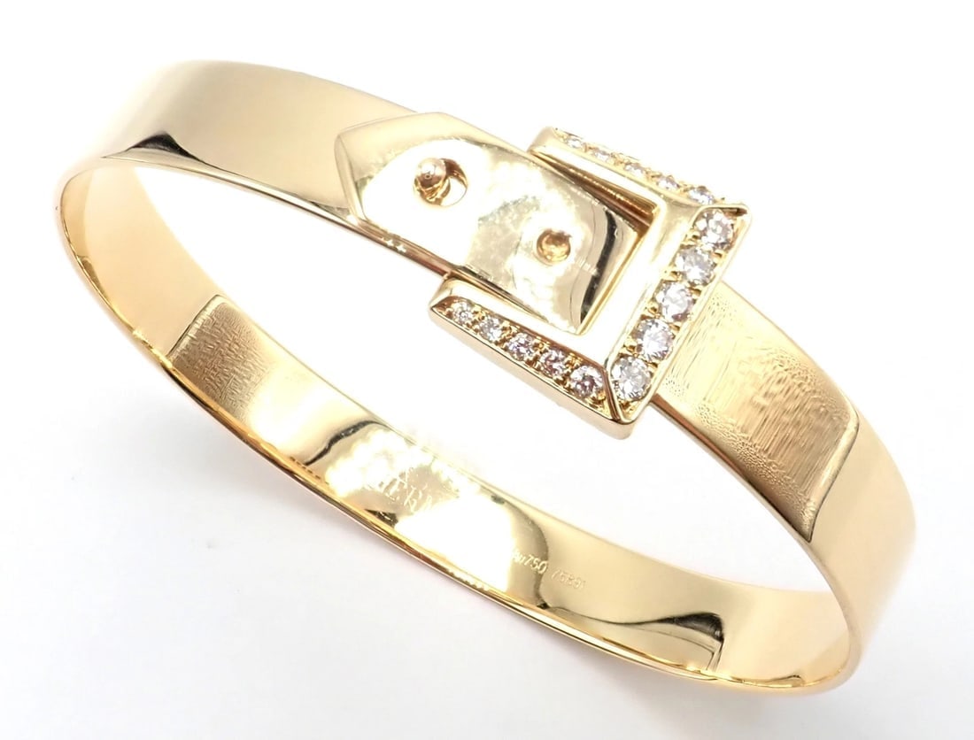 Authentic! Hermes 18k Yellow Gold Diamond Buckle Bangle Bracelet - 6