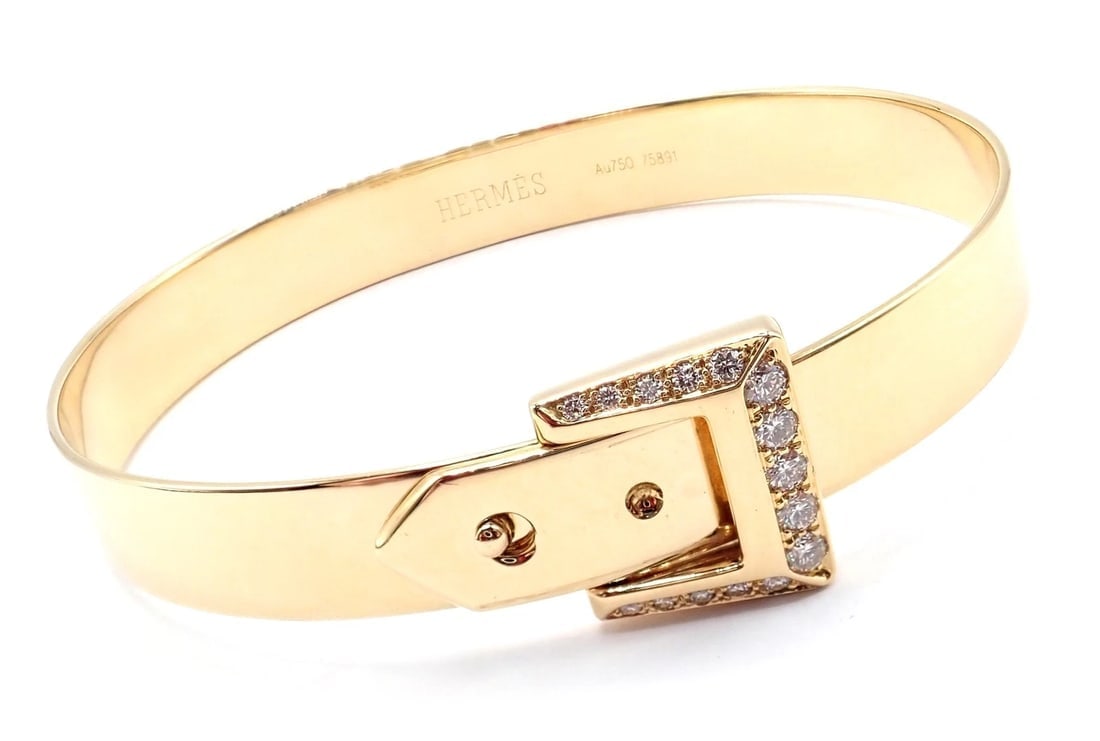 Authentic! Hermes 18k Yellow Gold Diamond Buckle Bangle Bracelet - 9
