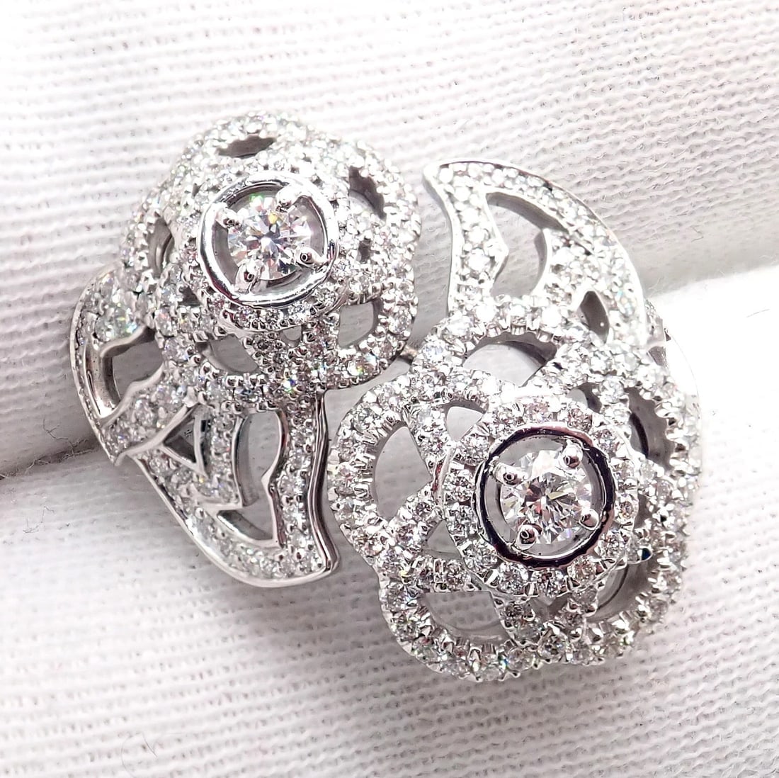 Authentic! Chanel Camellia Two Flower 18k White Gold Diamond Ring - 6