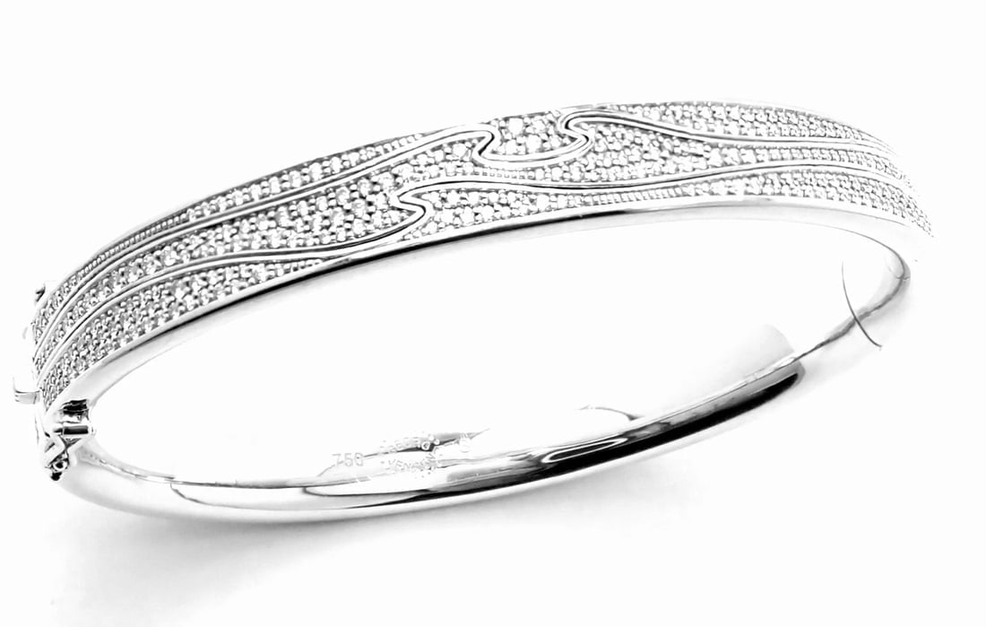 Authentic! Georg Jensen Fusion 18k White Gold Pave Diamond Bangle Bracelet Paper - 8