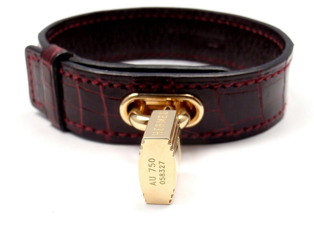 Very Rare! Authentic HERMES 18k Yellow Gold & Crocodile Burgundy Bracelet - 3