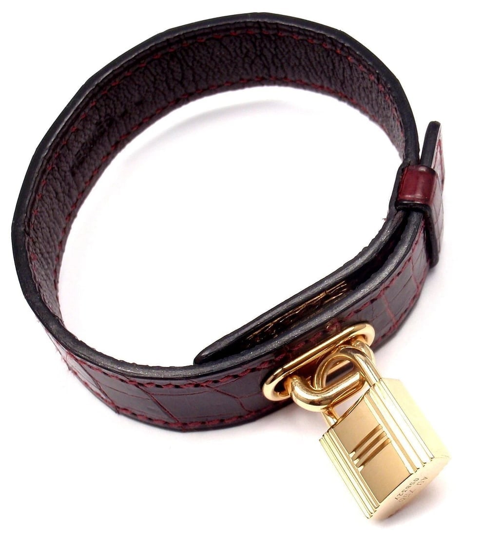 Very Rare! Authentic HERMES 18k Yellow Gold & Crocodile Burgundy Bracelet - 5