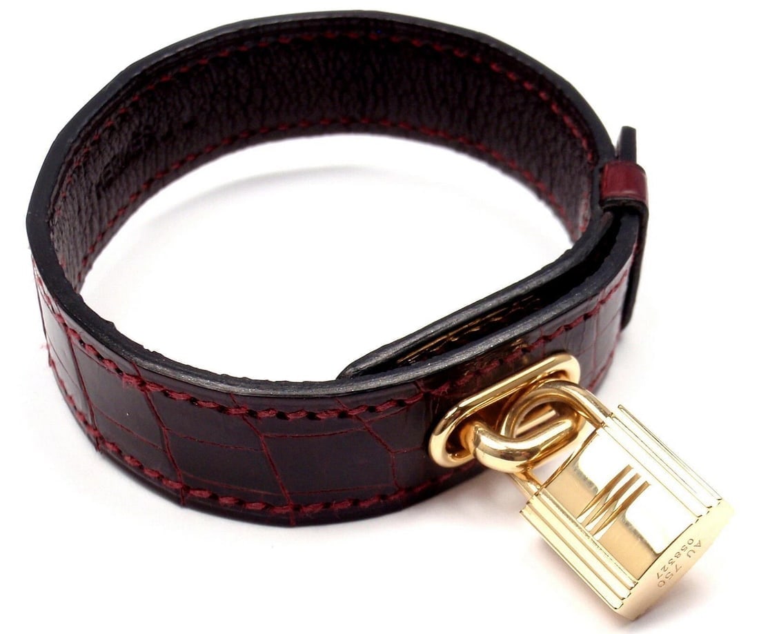 Very Rare! Authentic HERMES 18k Yellow Gold & Crocodile Burgundy Bracelet - 6