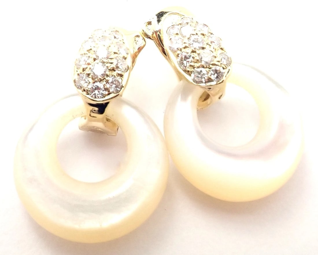 Rare! Van Cleef & Arpels 18k Yellow Gold Diamond MOP Door Knocker Earrings - 3