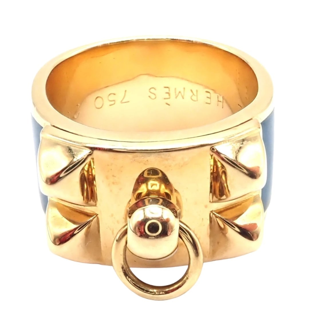 Authentic! Hermes Collier de Chien 18K Yellow Gold Blue Enamel Band Ring Size 6: Authentic! Hermes Collier de Chien 18K Yellow Gold Blue Enamel Band Ring Size 6 About This Piece: The Hermès Collier de Chien Band Ring is crafted in 18k yellow gold, featuring a bold design