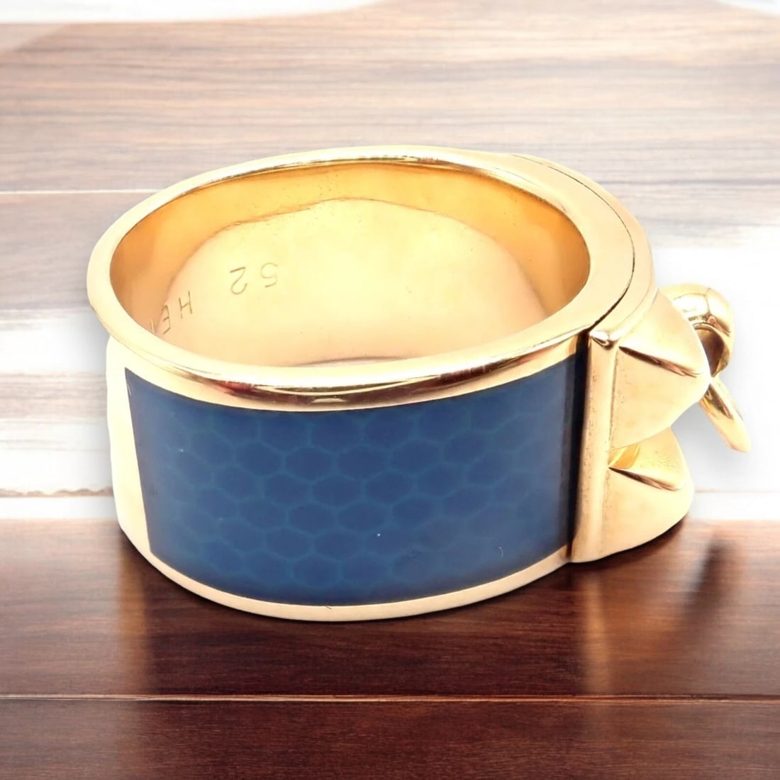 Authentic! Hermes Collier de Chien 18K Yellow Gold Blue Enamel Band Ring Size 6 - 3