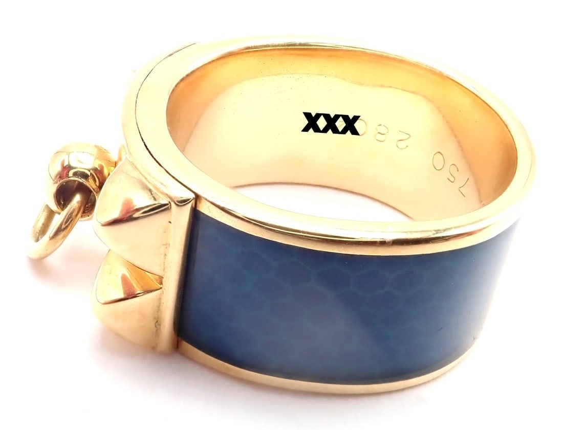 Authentic! Hermes Collier de Chien 18K Yellow Gold Blue Enamel Band Ring Size 6 - 5