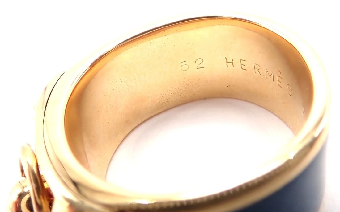 Authentic! Hermes Collier de Chien 18K Yellow Gold Blue Enamel Band Ring Size 6 - 6