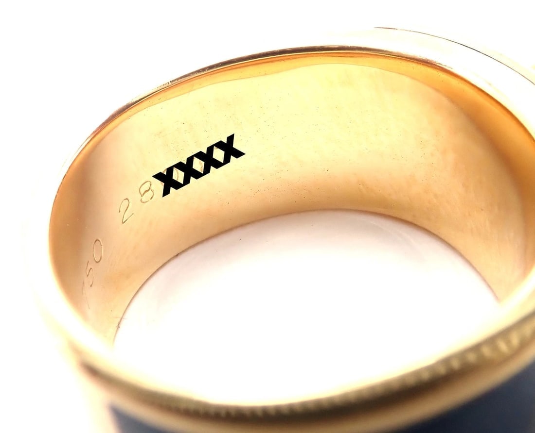 Authentic! Hermes Collier de Chien 18K Yellow Gold Blue Enamel Band Ring Size 6 - 8