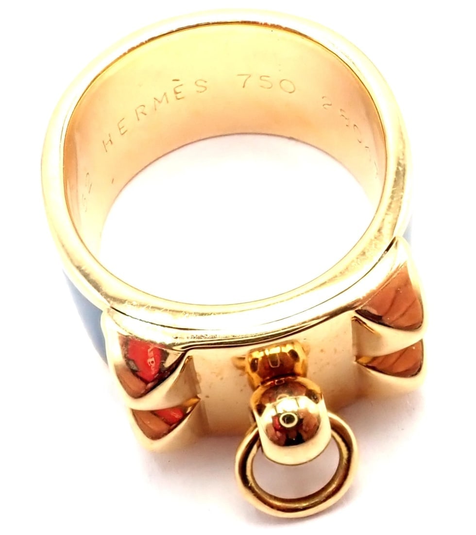 Authentic! Hermes Collier de Chien 18K Yellow Gold Blue Enamel Band Ring Size 6 - 9