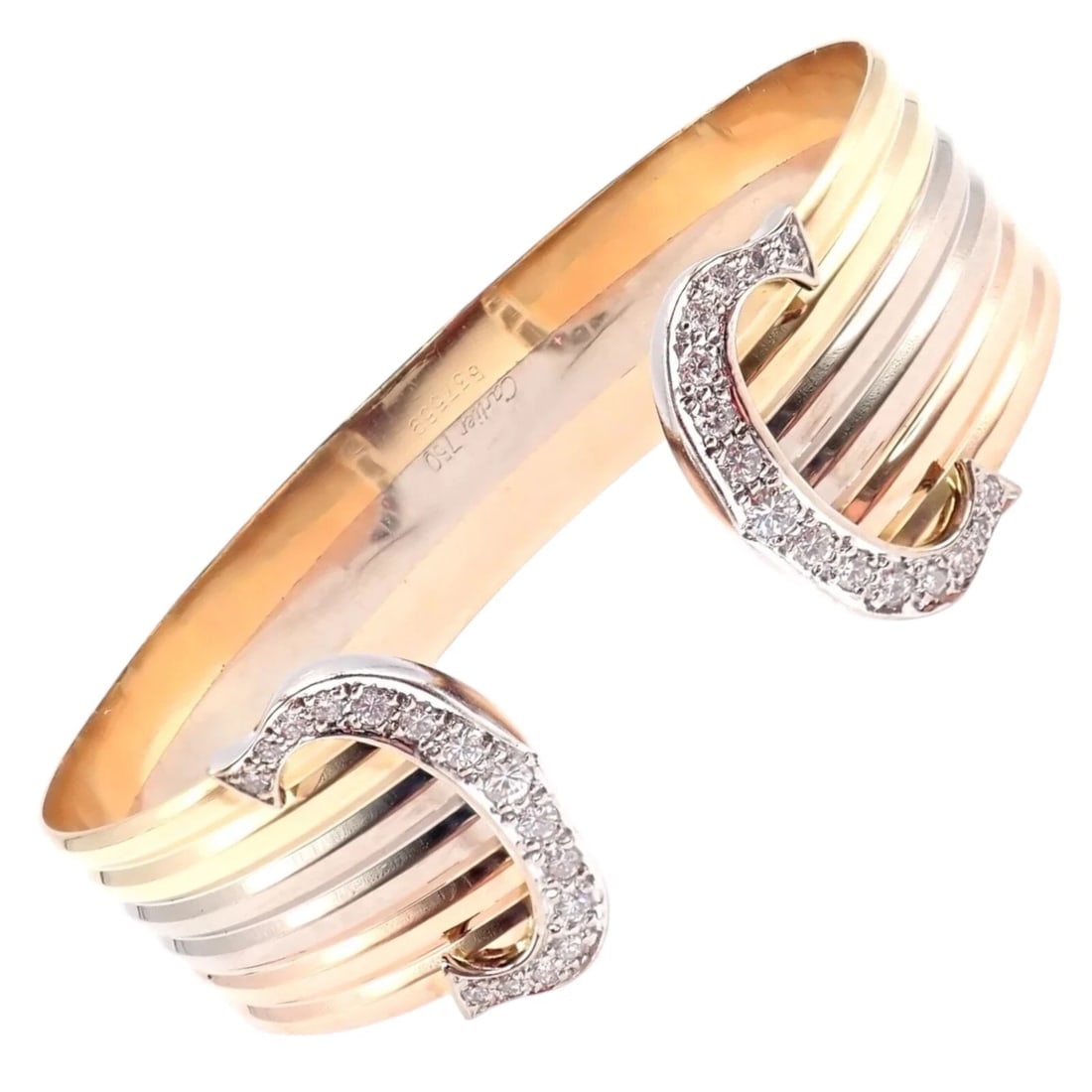 Authentic! Cartier 18k Tri-Color Gold Diamond Double C Wide Cuff Bangle Bracelet: Authentic! Cartier 18k Tri-Color Gold Diamond Double C Wide Cuff Bangle Bracelet About This Piece: Exuding Cartier’s timeless sophistication, this 18k tri-color gold Double C Wide Cuff Bangle gl