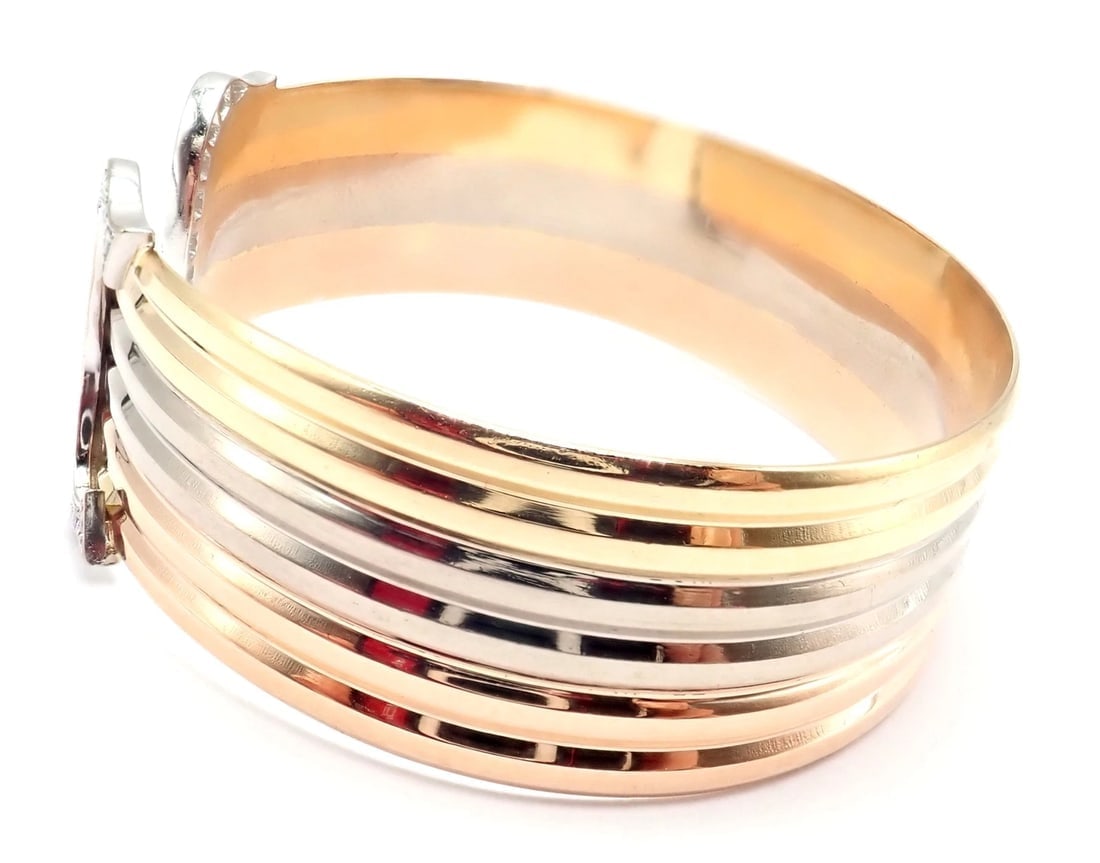 Authentic! Cartier 18k Tri-Color Gold Diamond Double C Wide Cuff Bangle Bracelet - 6
