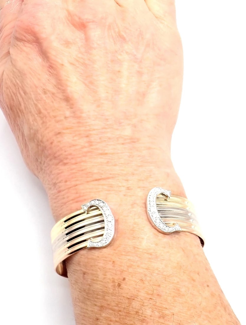 Authentic! Cartier 18k Tri-Color Gold Diamond Double C Wide Cuff Bangle Bracelet - 9
