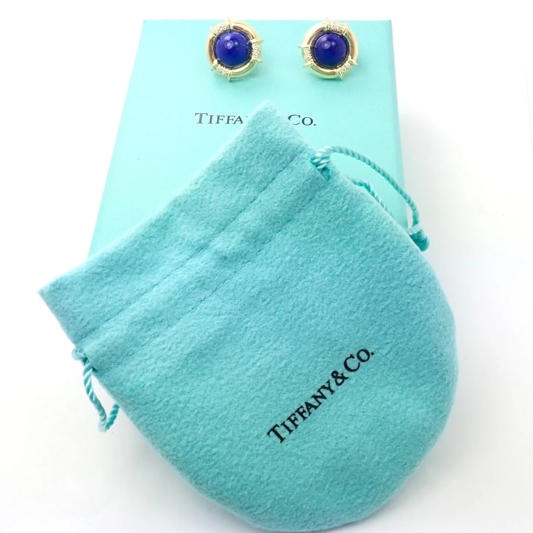 Authentic! Tiffany & Co 18k Yellow Gold Diamond Lapis Lazuli Earrings - 4
