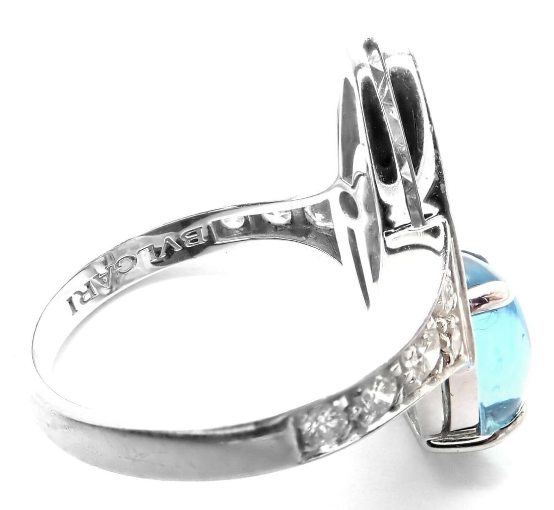 Rare! Authentic Bvlgari Bulgari Elysia 18k White Gold Diamond Blue Topaz Ring - 7