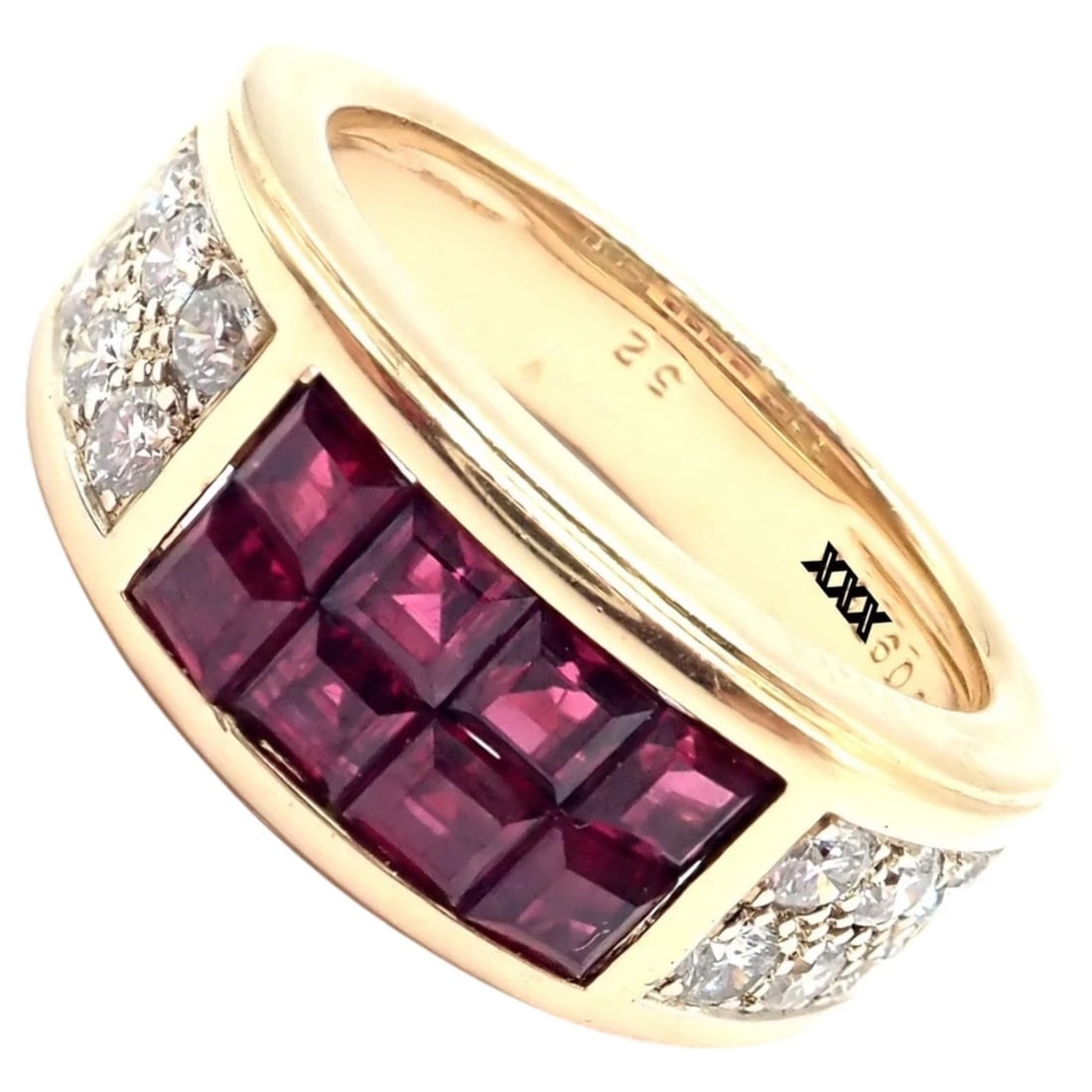 Authentic Cartier Diabolo 18k Yellow Gold Diamond Invisible Ruby Band Ring: Cartier Diabolo 18k yellow gold band featuring a striking panel of invisibly set rubies framed by brilliant pavé diamonds. Bold, architectural, and intensely luxurious, this ring showcases