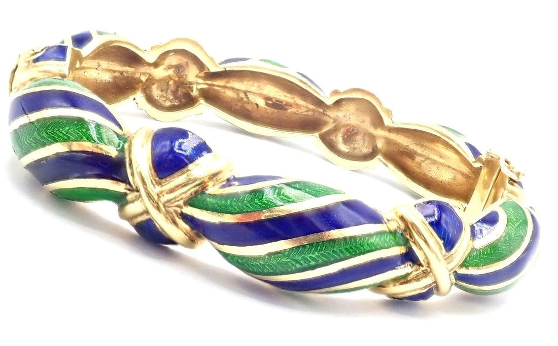 Authentic Vintage Tiffany & Co 18k Yellow Gold Green Blue Enamel Bangle Bracelet - 4