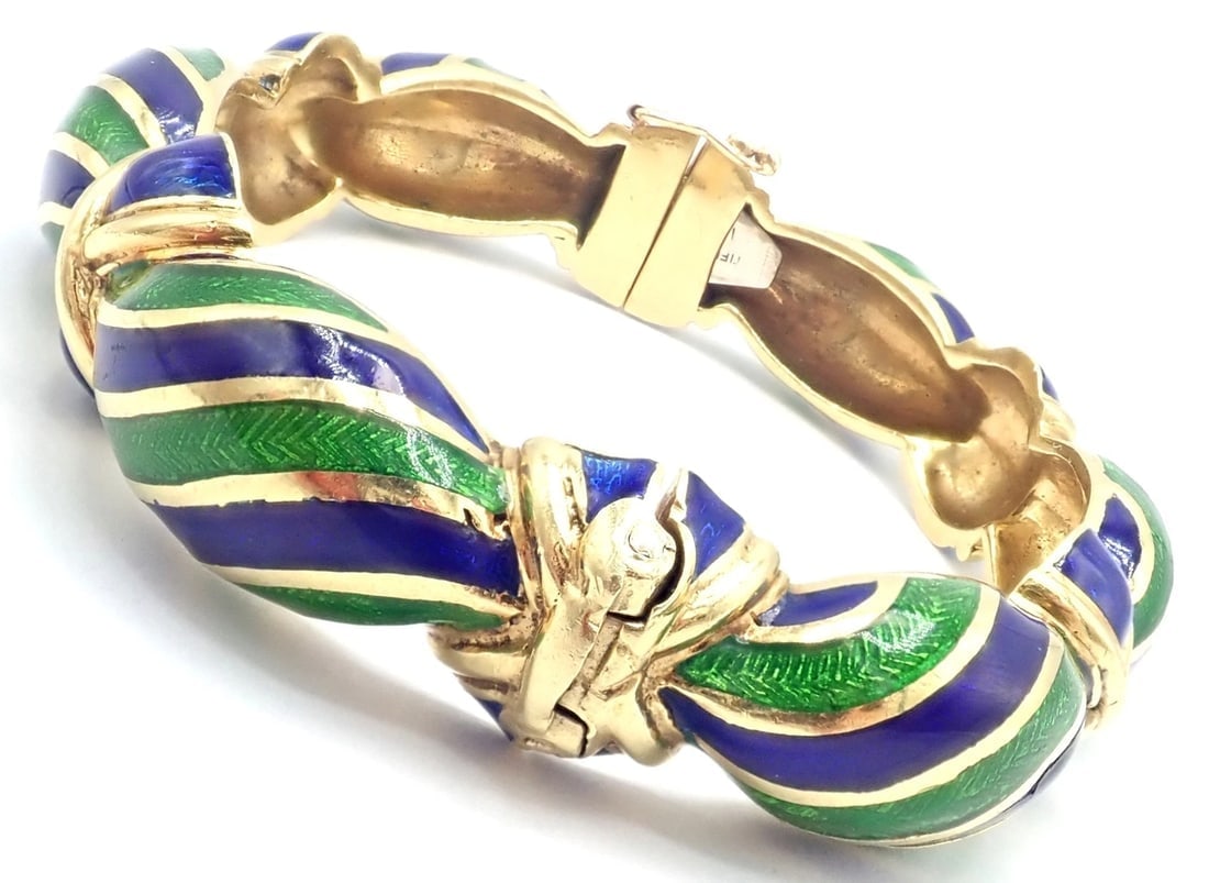 Authentic Vintage Tiffany & Co 18k Yellow Gold Green Blue Enamel Bangle Bracelet - 5