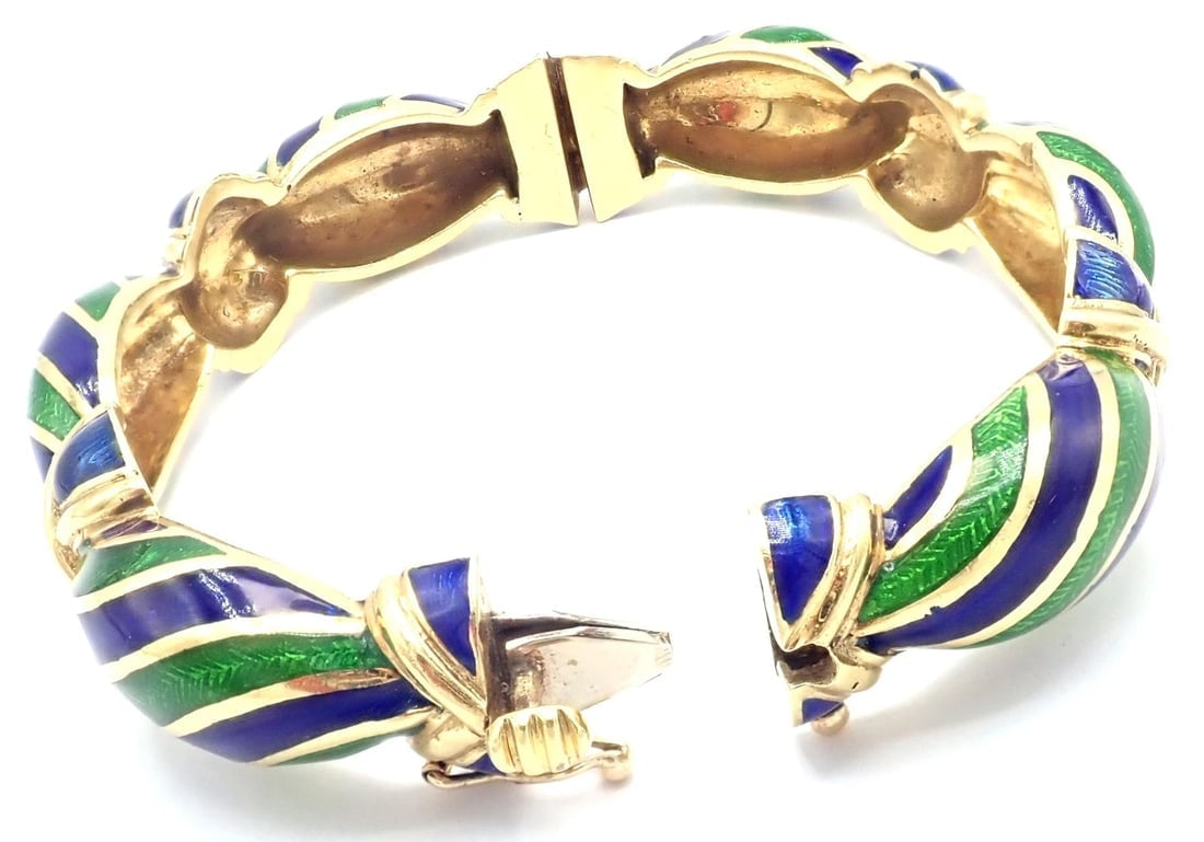 Authentic Vintage Tiffany & Co 18k Yellow Gold Green Blue Enamel Bangle Bracelet - 6
