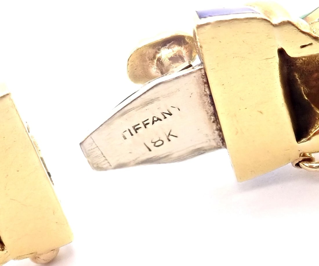 Authentic Vintage Tiffany & Co 18k Yellow Gold Green Blue Enamel Bangle Bracelet - 7