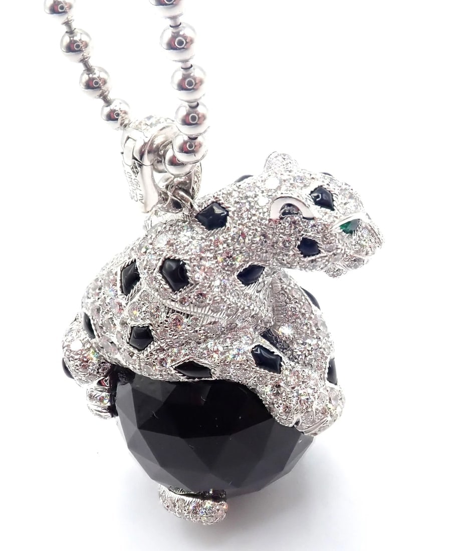 Panthere de Cartier Panther 18k Gold Diamond Emerald Onyx Pendant Necklace Paper - 16