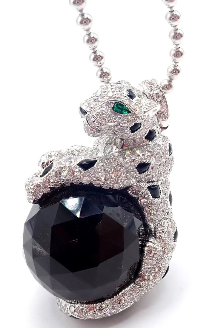 Panthere de Cartier Panther 18k Gold Diamond Emerald Onyx Pendant Necklace Paper - 19