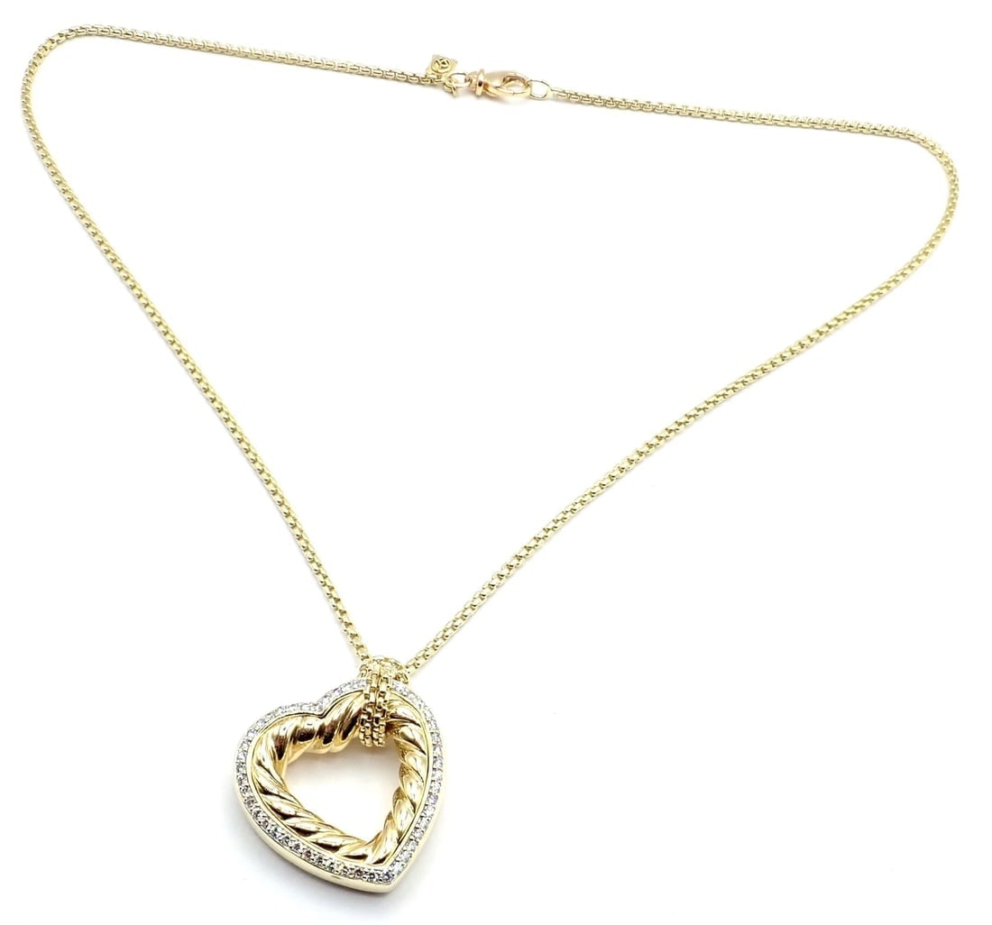 David Yurman Cable 18k Yellow Gold Diamond Large Heart Pendant Chain Necklace - 4